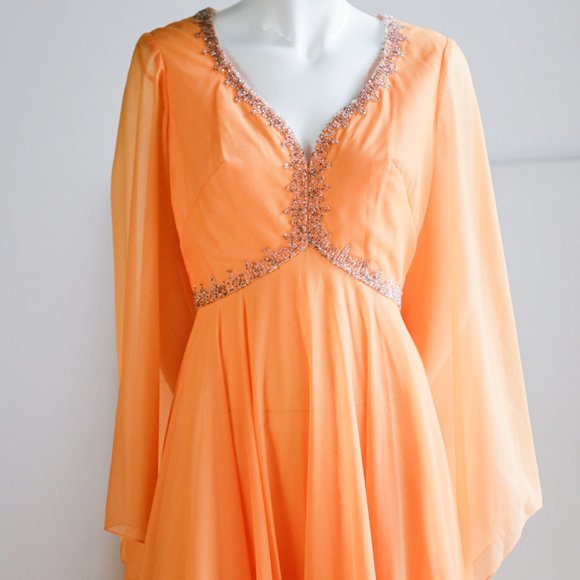 Vintage Empire Waist Beaded Wizard Sleeve Gown - Picture 3 of 10